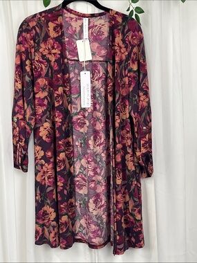Dear Scarlett Duster/Kimono M Wine Peach Long Lines Open Front 3/4 Roll Tab NWT